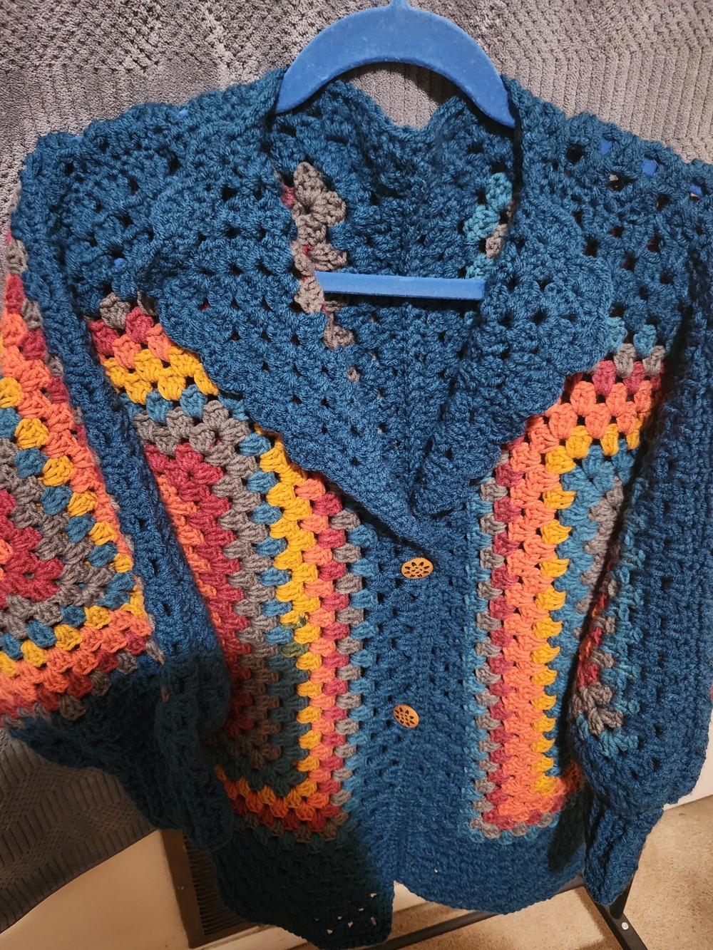 Handmade Teal Crochet Cardigan with Multicolor Stripes